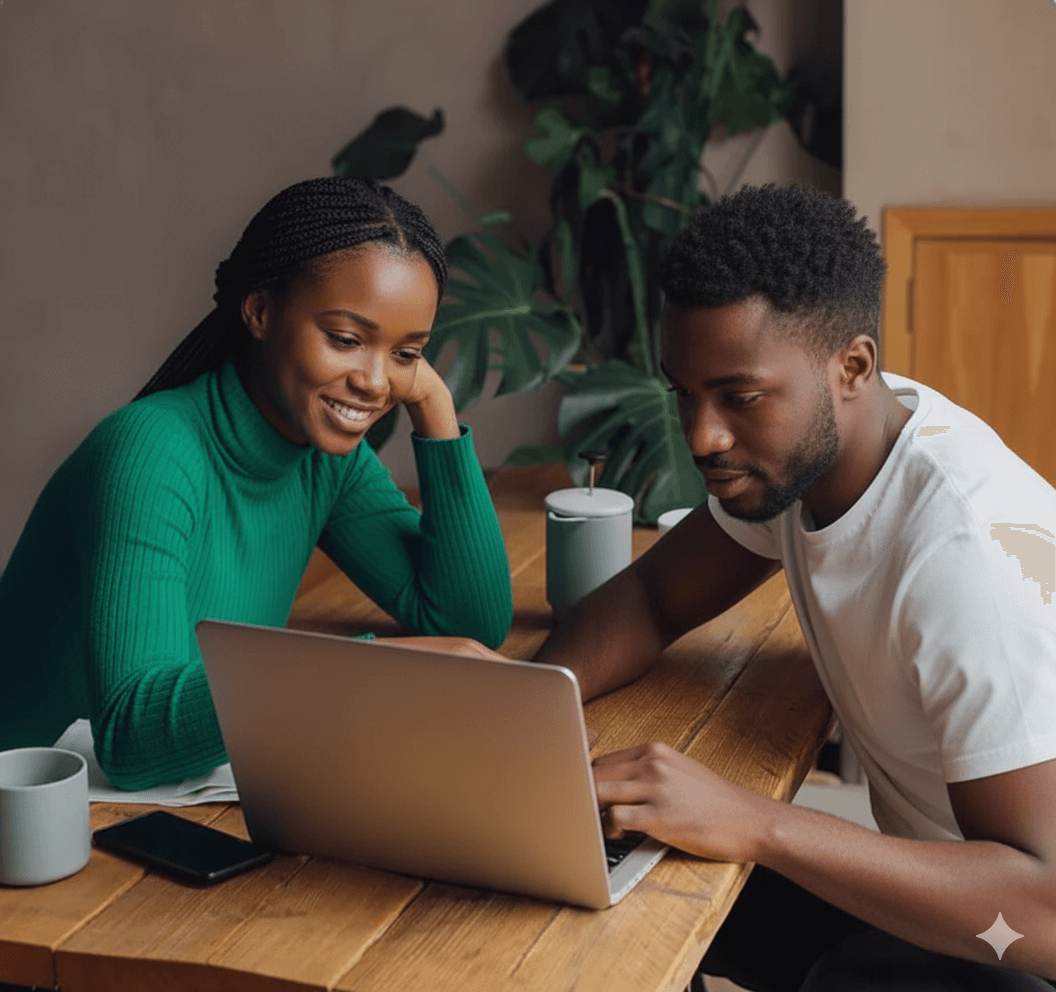 Two people working together on a laptop - Choose your plan